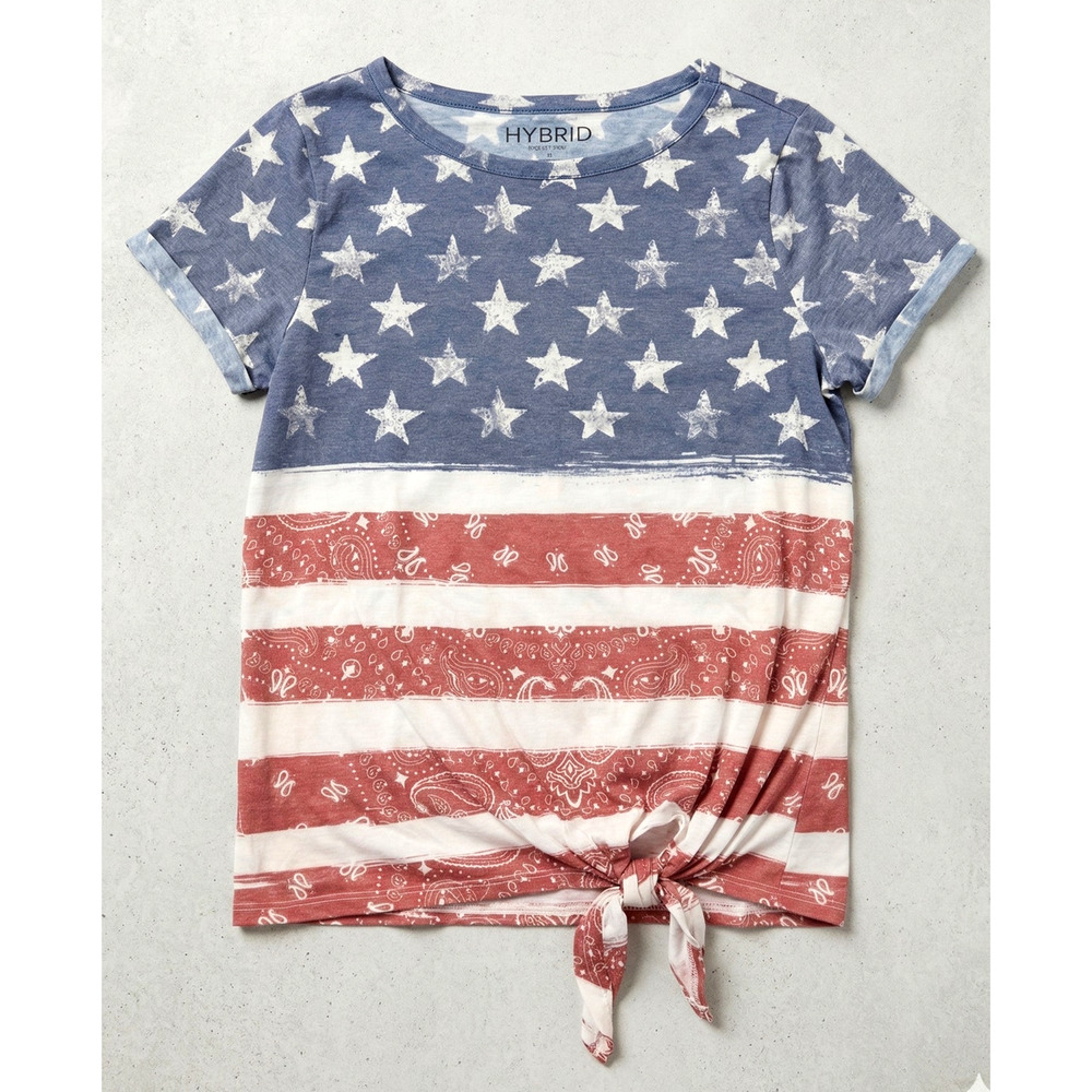 NEW Hybrid Americana Stars & Stripes Bandana Print Tie-Front Top - Size XL